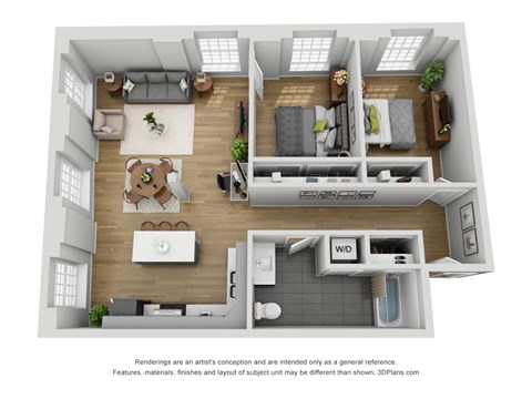 Floor plan for 1 bed, 1 bath, 1036 sqft
